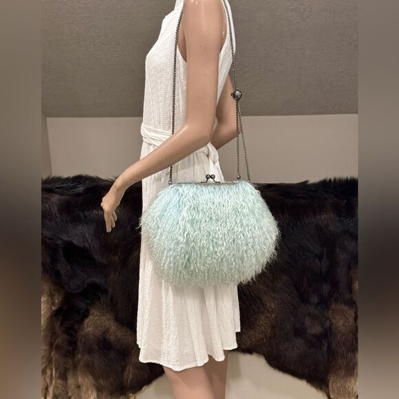 Aqua Handmade Real Mongolian Lamb Fur Kisslock Wristlet/Shoulder Bag, Crossbody - Picture 6 of 16